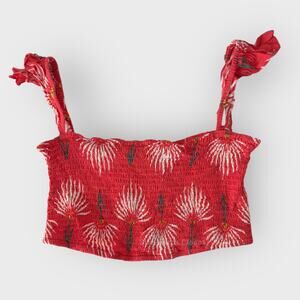 Lulus Trancoso XS Red Floral Smocked Crop Top Off The Shoulder Flounce Sleeve